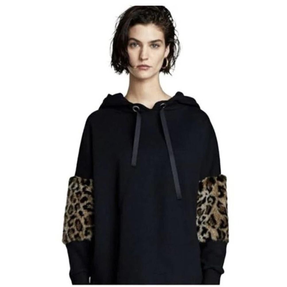 Zara EUC Black Hooded Sweatshirt Lace Ties Faux Fur Trimmed Sleeves Size M Hood - Picture 3 of 11